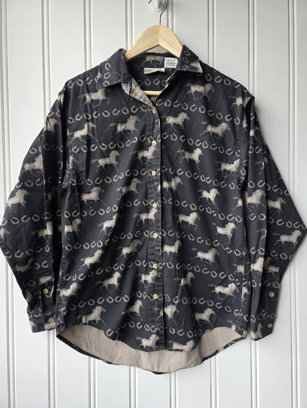 Coldwater Creek Button Down Western Shirt Horse Horseshoe Print Womens Small